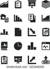 Solid Black Vector Icon Set - clean sheet of paper vector, pie chart, bar, growth, negative, positive histogram, estimate, cardiogram, pile, survey, statistical report, overview, book on statistics