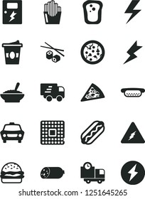 Solid Black Vector Icon Set - lightning vector, dangers, car, delivery, sausage, pizza, piece of, Hot Dog, mini, burger, a bowl buckwheat porridge, fried potato slices, Chinese chopsticks, sandwich