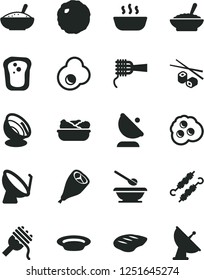 Solid Black Vector Icon Set - plates and spoons vector, spaghetti, noodles, a bowl of buckwheat porridge, rice, hot, lettuce in plate, grill chicken leg, chop, meat on skewers, cabbage, fried egg