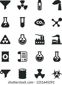 Solid Black Vector Icon Set - round flask vector, manufacture, factory, oil, barrel, industrial building, radiation, carbon dyoxide, filter, water, research article, test tube, molecule, nuclear