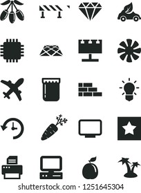 Solid Black Vector Icon Set - brick wall vector, pavement, road fence, jam, goji berry, guava, carrot, eco car, billboard with illumination, computer, fan, cpu, monitor, printer, history, bulb, star