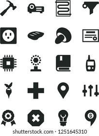 Solid Black Vector Icon Set - mark of injury vector, plus, toy mobile phone, e, heating coil, hammer with claw, bulb, porcini, chop, radish, socket, location, water filter, cpu, projector, settings