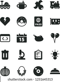 Solid Black Vector Icon Set - mug for feeding vector, colored air balloons, calendar, broken heart, passport, survey, glazed cake with a hole, chicken, half pomegranate, pc card, cd, trash bin, bulb
