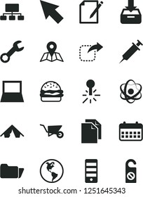 Solid Black Vector Icon Set - clean paper vector, building trolley, map, put in a box, notes, move right, burger, planet Earth, mercury thermometer, scheme, calendar, notebook pc, tower, folder