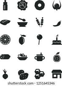 Solid Black Vector Icon Set - mug for feeding vector, bottle, deep plate with a spoon, cake, sausage, fried vegetables on sticks, of fruit, chop, beet, Chupa Chups, honeycombs, squash, lemon, guawa