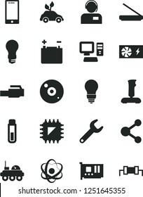 Solid Black Vector Icon Set - bulb vector, smartphone, operator, accumulator, light, environmentally friendly transport, smd, repair key, connection, computer, pc power supply, card, cd, scanner