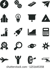 Solid Black Vector Icon Set - electricity vector, zoom, gears, calculator, growth graph, saturn, rocket, presentation board, bang, man hands up, arrows, purpose, medal, gold bar, dollar pedestal