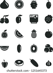 Solid Black Vector Icon Set - cake with a hole vector, cucumber, glass of tea, strawberries, fig, blackberry, blueberries, mulberry, tasty cornels, slice water melon, delicious plum, date fruit