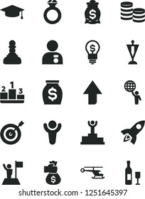Solid Black Vector Icon Set - upward direction vector, pedestal, coins, money, winner, podium, pawn, man hold world, with medal, graduate, flag, pennant, target, diamond ring, bag hand, idea, rocket