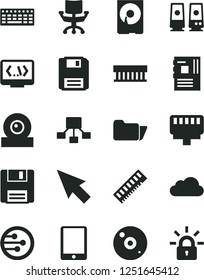 Solid Black Vector Icon Set - hierarchical scheme vector, tablet pc, radiator fan, keyboard, motherboard, memory, web camera, hdd, cd, speaker, network, folder, floppy, coding, lan connector, chair