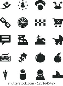 Solid Black Vector Icon Set - image of thought vector, keyboard, spectacles, powder, baby stroller, ceramic tiles, crossed cart, slice lemon, guava, persimmon, mashroom, racer, flame torch, three