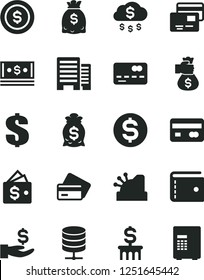 Solid Black Vector Icon Set - purse vector, dollar, buildings, big data server, cards, reverse side of a bank card, front the, get wage, dollars, cash, cashbox, money bag hand, rain, coin, column