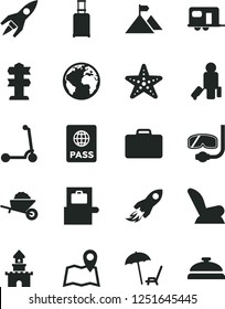 Solid Black Vector Icon Set - sign of the planet vector, car child seat, Kick scooter, garden trolley, passport, space rocket, mountain flag, sand castle, camper, passenger, suitcase, rolling, map