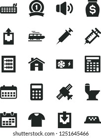 Solid Black Vector Icon Set - house vector, calendar, upload archive data, download, new abacus, comfortable toilet, volume, T shirt, money, calculator, engineer, keyboard, pc power supply, syringe