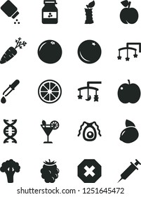 Solid Black Vector Icon Set - mark of injury vector, toys over the cradle, cot, baby powder, cocktail, jar jam, orange, peach, apple, blackberry, yellow lemon, juicy, grapefruit, stub, carrot, dna