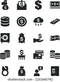 Solid Black Vector Icon Set - dollar vector, strongbox, cards, coins, column of, get a wage, dollars, cash, gold ring, bar, money bag hand, rain, coin, mail, dialog, safe