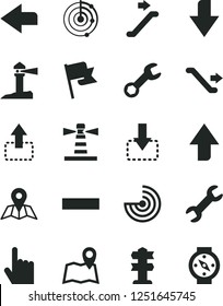 Solid Black Vector Icon Set - upward direction vector, downward, left, minus, index finger, map, flag, move up, down, lighthouse, coastal, repair, radar, escalator, signpost, compass