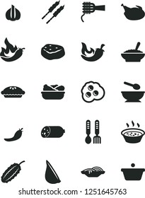Solid Black Vector Icon Set - deep plate with a spoon vector, iron fork spoons, sausage, slices of onion, noodles, pie, bowl buckwheat porridge, in saucepan, lettuce, chicken, barbecue, piece meat