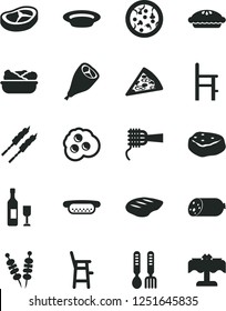 Solid Black Vector Icon Set - a chair for feeding vector, child, iron fork spoons, sausage, fried vegetables on sticks, pizza, piece of, mini hot dog, noodles, pie, lettuce in plate, bacon, chop