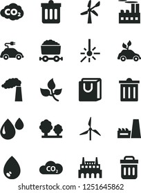 Solid Black Vector Icon Set - bin vector, dust, drop, bag with handles, leaves, windmill, wind energy, manufacture, trees, industrial building, thermal power plant, factory, electric car, CO2, trash