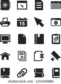Solid Black Vector Icon Set - monitor window vector, clip, add bookmark, e, books, home, calendar, notebook, address book, delete page, statistical report, scientific publication, wall, printer