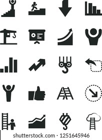 Solid Black Vector Icon Set - downward direction vector, growth up, positive histogram, crane, hook, winch, ladder, thumb, move left, right bottom arrow, bar chart, financial report, carrer stairway