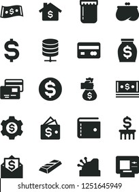 Solid Black Vector Icon Set - purse vector, big data server, cards, jam, reverse side of a bank card, denomination the dollar, money, cash, cashbox, gold bar, bag hand, mortgage, column, gear, mail