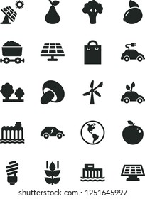 Solid Black Vector Icon Set - saving light bulb vector, porcini, pear, mint, yellow lemon, delicious apple, broccoli, solar panel, big, wind energy, planet Earth, hydroelectric station, trees, bag