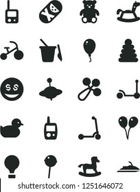 Solid Black Vector Icon Set - baby rattle vector, duckling, stacking rings, tumbler, toy phone, mobile, children's sand set, small teddy bear, yule, rocking horse, colored air balloons, balloon