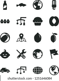 Solid Black Vector Icon Set - sign of the planet vector, toys over cradle, cot, baby bath ball, funny hairdo, small tools, map, flag, bundle eggs, cake, fish, liquor, half peach, lemon, lime, globe