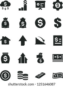 Solid Black Vector Icon Set - upward direction vector, dollar, coins, recession, article on the, money, dollars, cash, financial report, growth arrows, gold bar, bag hand, rain, coin, mortgage, gear