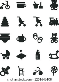 Solid Black Vector Icon Set - dummy vector, mug for feeding, bottle, diaper, baby stroller, summer, sitting, stacking rings, toy sand set, children's potty, a chair child, teddy bear, small, train