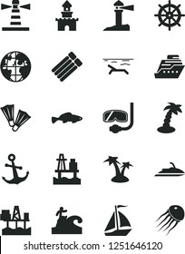 Solid Black Vector Icon Set - anchor vector, small fish, sea port, commercial seaport, lighthouse, coastal, planet, sand castle, sail boat, beach, palm tree, flippers, diving mask, surfing, jet ski