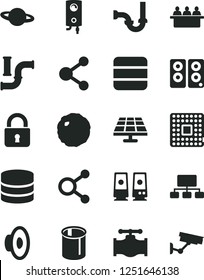 Solid Black Vector Icon Set - loudspeaker vector, sewerage, boiler, lock, planet, cabbage, solar panel, valve, water pipes, processor, court hearing, connection, connections, scheme, pc speaker