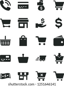 Solid Black Vector Icon Set - grocery basket vector, bank card, cart, put in, crossed, kiosk, shopping, front of the, denomination dollar, get a wage, wallet, phone call, bag, urgent cargo, store