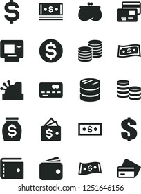 Solid Black Vector Icon Set - purse vector, dollar, cards, coins, front of the bank card, column, denomination, wallet, money, cash, cashbox, atm, credit