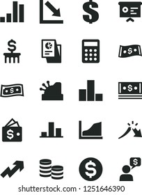 Solid Black Vector Icon Set - growth up vector, dollar, bar chart, negative, coins, a crisis, cash, statistical research, calculator, cashbox, financial report, graph, column, wallet, money dialog