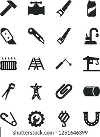 Solid Black Vector Icon Set - open pin vector, crane, hook, adjustable wrench, hand saw, arm, ladder, gear, knife, stationery, kitchen faucet, hammer, clip, soda can, valve, power line, pipe, luck