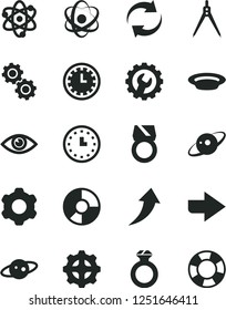 Solid Black Vector Icon Set - clock face vector, right direction, renewal, cogwheel, gear, eye, plate, ring diagram, wall watch, atom, gears, drawing compass, saturn, diamond, gold, arrow up