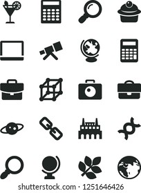 Solid Black Vector Icon Set - spectacles vector, camera, globe, suitcase, muffin, cocktail, industrial factory, portfolio, notebook pc, magnifier, telescope, dna, calculator, saturn, biology, earth