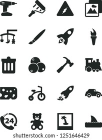 Solid Black Vector Icon Set - tassel vector, toys over the cradle, teddy bear, children's train, child bicycle, drill, paint roller, hammer with claw, dust bin, picture, 24, piece of cheese, photo