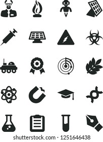 Solid Black Vector Icon Set - horseshoe magnet vector, flask, test tube, electricity, atom, dna, biohazard, flame, scientist, graduate hat, clipboard, radar, medal, robot, sun panel, lunar rover