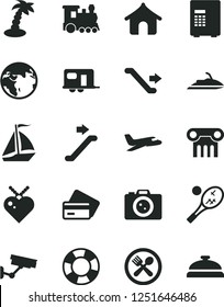 Solid Black Vector Icon Set - earth vector, plane, train, camper, sail boat, escalator, credit card, boungalow, palm tree, cafe, camera, tennis, surveillance, safe, jet ski, lifebuoy, column