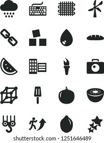 Solid Black Vector Icon Set - keyboard vector, spectacles, cloud, cubes for children, winch hook, city block, camera, drop, loaf, popsicle, orange slice, lime, kiwi, persimmon, wind energy, weaving