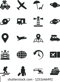 Solid Black Vector Icon Set - motor vehicle present vector, map, planet, lighthouse, location, globe, history, saturn, helicopter, plane, car baggage, camper, backpacker, passenger, ticket, hotel