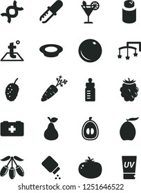 Solid Black Vector Icon Set - toys over the cot vector, feeding bottle, powder, baby, bag of a paramedic, temperature, plate milk, tomato, cocktail, pear, orange, blackberry, tasty mulberry, loquat