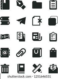 Solid Black Vector Icon Set - clip vector, bin, paper airplane, folder, books, writing accessories, notebook, address book, delete page, bag with handles, survey, copy, dollar, statistical research