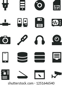 Solid Black Vector Icon Set - camera vector, archive, electronic thermometer e, smartphone, electric plug, SIM, pc tower, motherboard, web, scanner, headphones, speaker, browser, connect, floppy