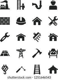 Solid Black Vector Icon Set - house vector, brickwork, hook, concrete mixer, small tools, stepladder, sewerage, construction helmet, spatula, paving slab, hammer with claw, home, factory, power pole