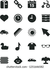 Solid Black Vector Icon Set - heart symbol vector, clock face, spectacles, storage unit, rubber duck, comb, funny hairdo, child bicycle, wall, calendar, T shirt, folded, weaving, retro car, note